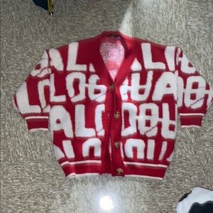 Red and White Graphic Cardigan